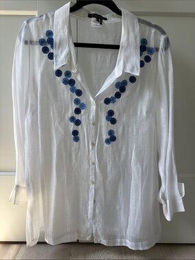 ZOZO Gauzy See-through White Button-Down Shirt with Blue Embroidered Accents